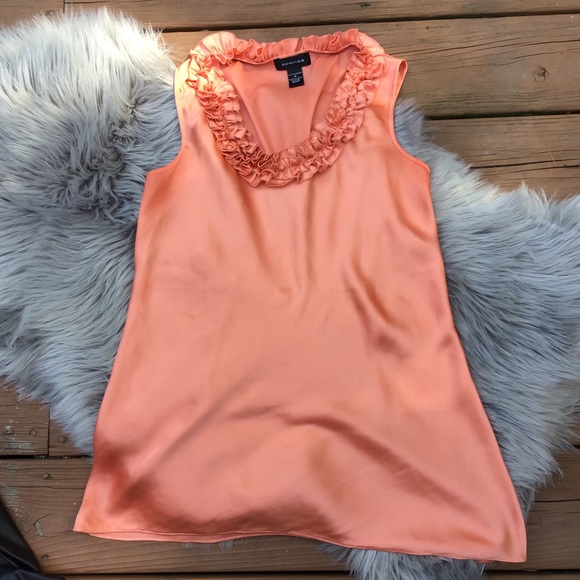 Spense Tops - Silky coral sleeveless top with collar ruffles